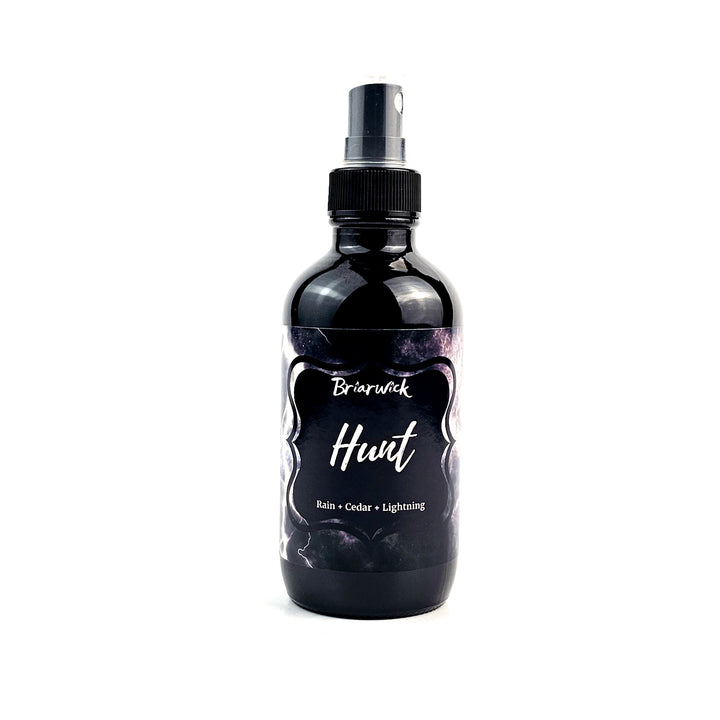 Hunt 4oz Linen Spray with gray storm design on a white background