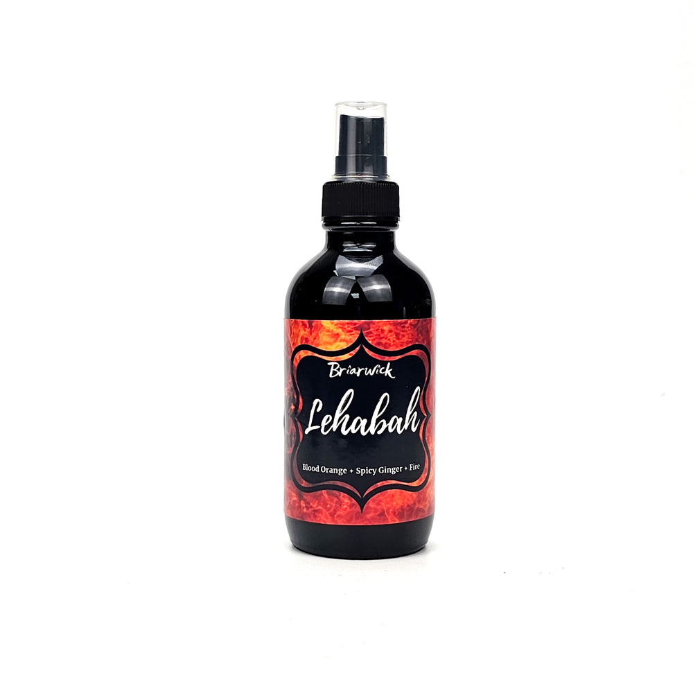 Lehabah 4oz Linen Spray  with orange flame design on a white background