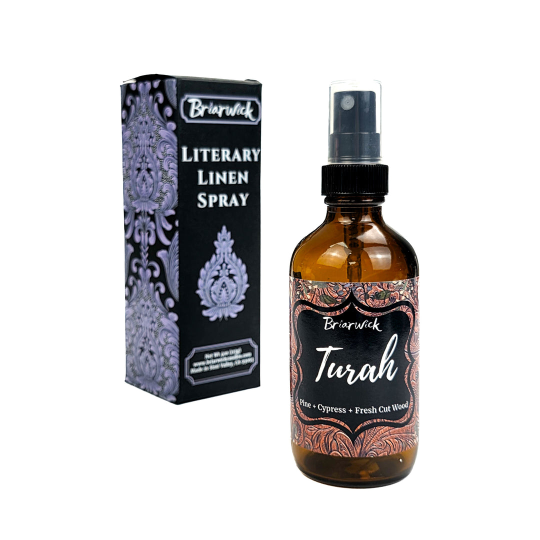 Briarwick Turah linen spray bottle and packaging on a white background