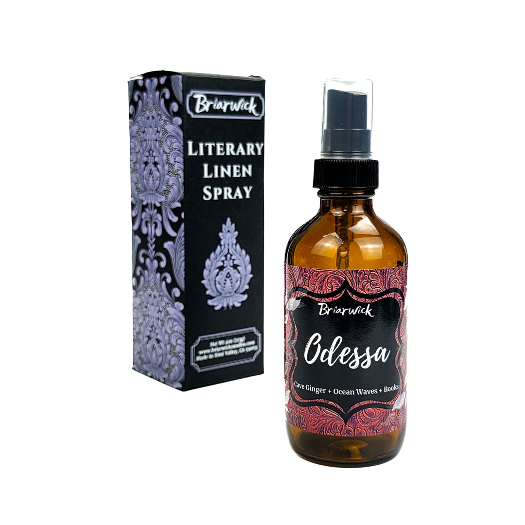 Briarwick Odessa linen spray bottle and packaging on a white background