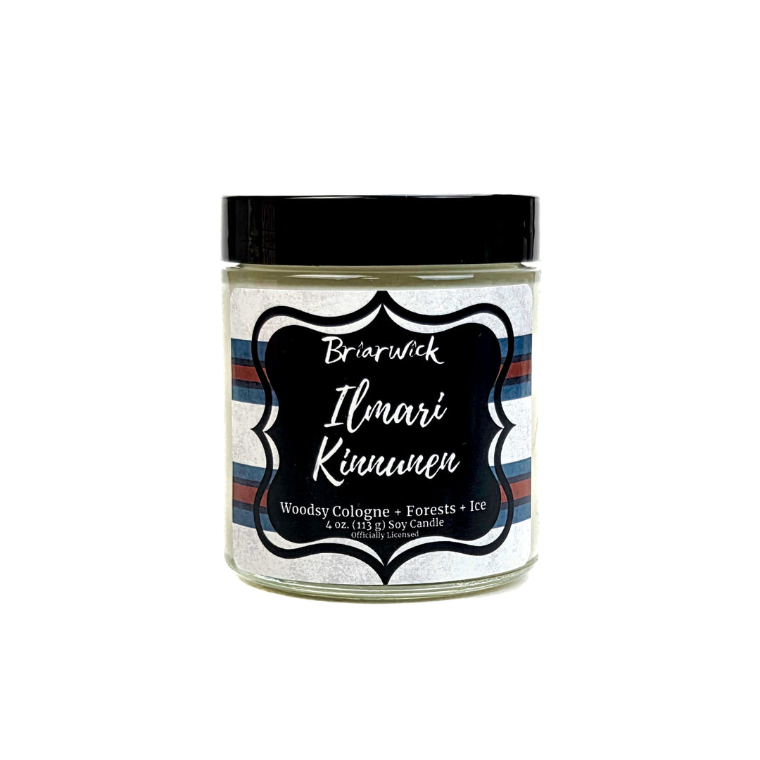 Jar of Briarwick Ilmari Kinnunen candle with a black lid on a white background