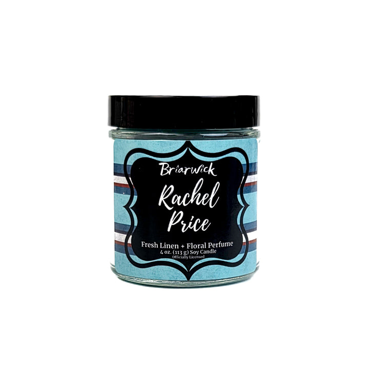 Candle jar with blue label and black lid on a white background