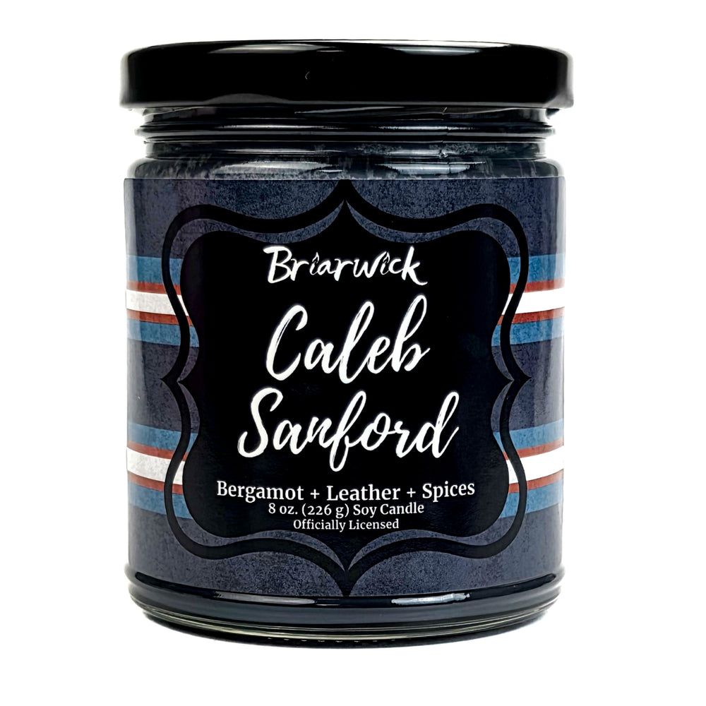 Jar of candle with 'Briarwick Caleb Sanford' label on a white background