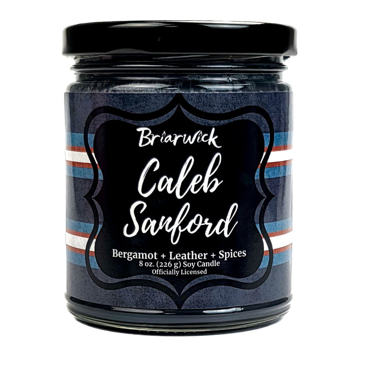 Jar of candle with 'Briarwick Caleb Sanford' label on a white background