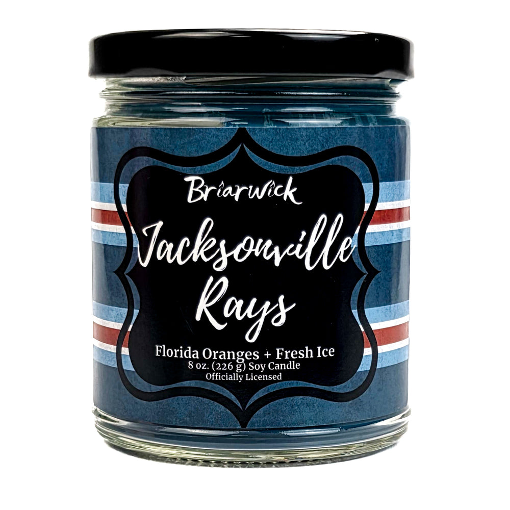 Candle jar with 'Jacksonville Rays' label on a white background