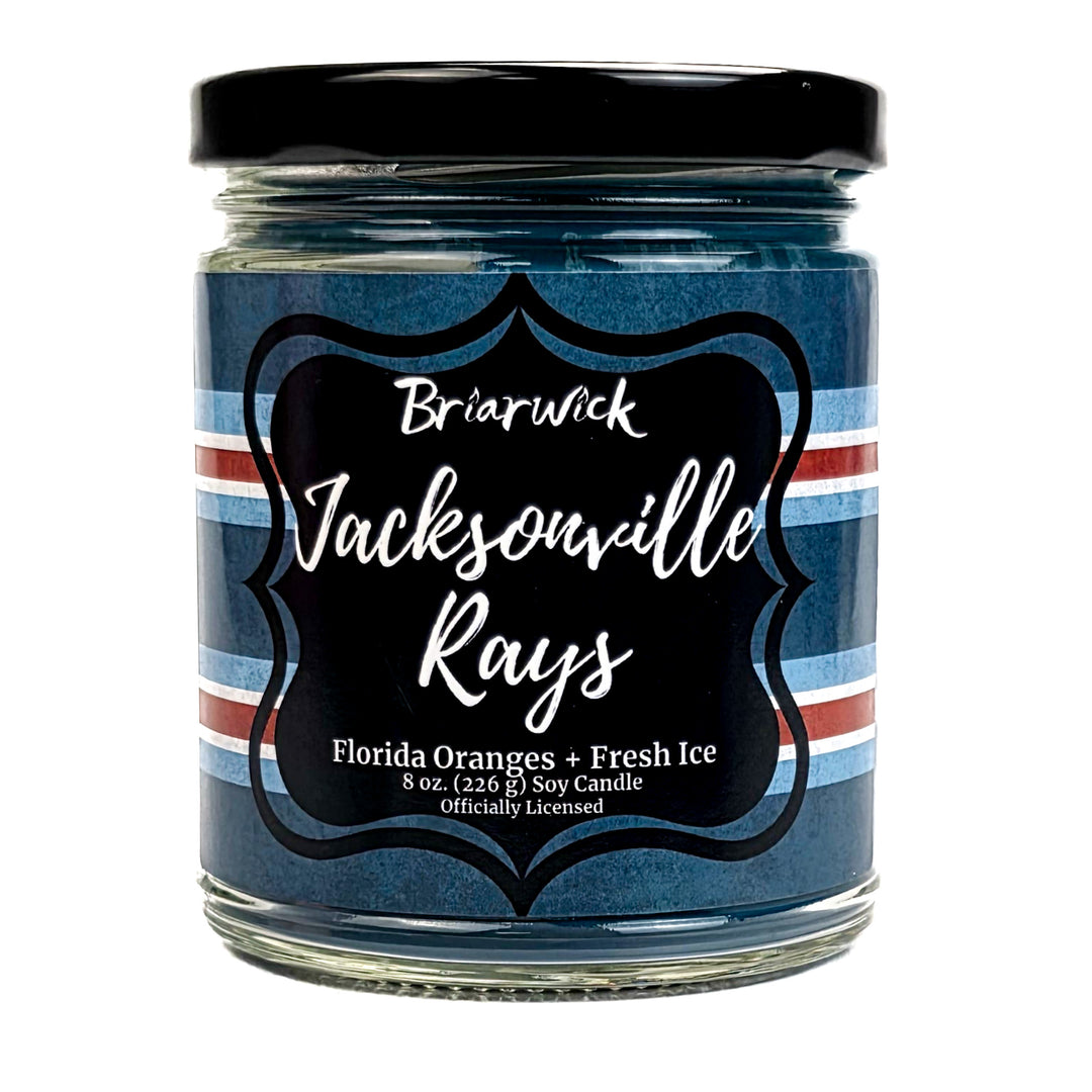 Candle jar with 'Jacksonville Rays' label on a white background