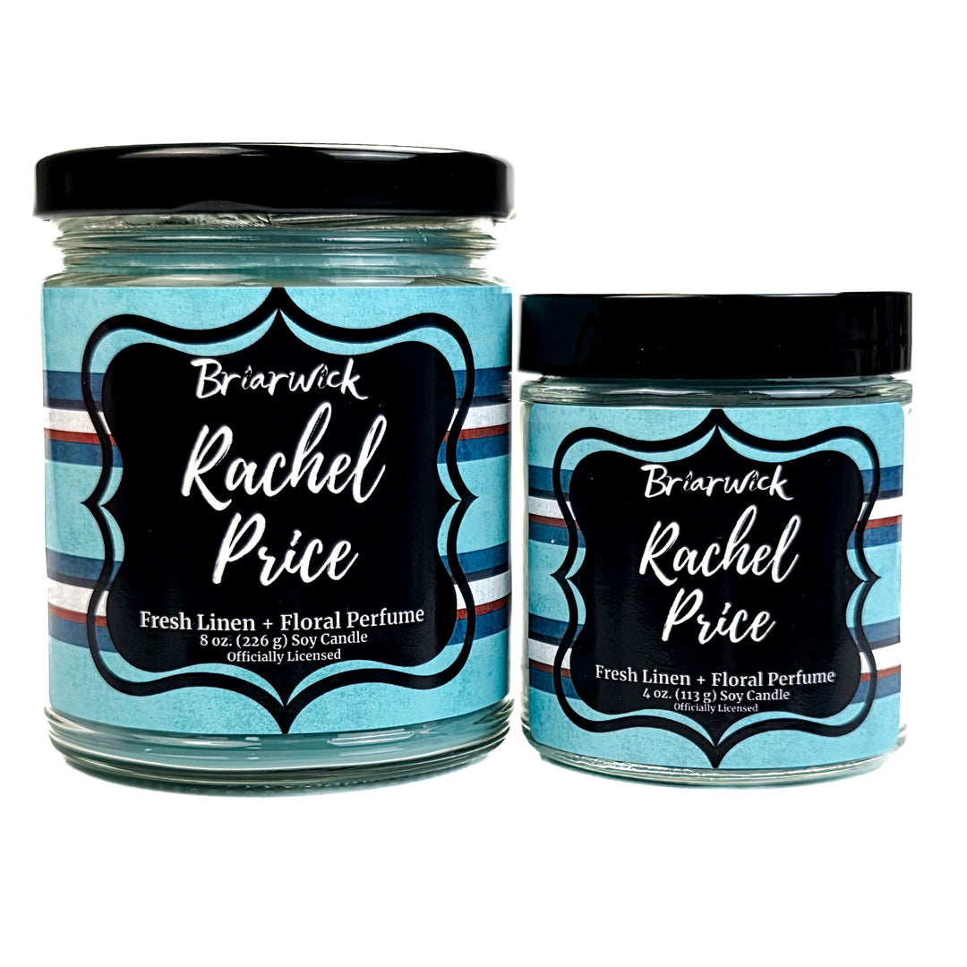 Two jars of Briarwick Rachel Price perfume with blue labels and black lids on a white background.