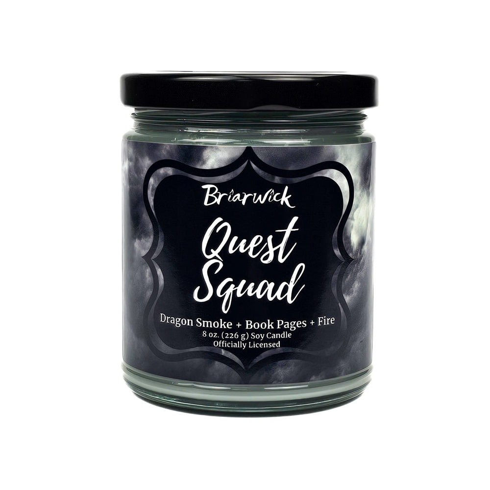 Quest Squad 8oz gray candle with gray smoke design on a white background