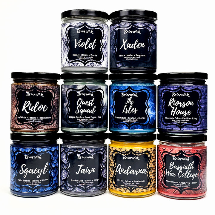 A collection of ten 8oz candles stacked atop each other, each labeled with a different character name from the Fourth Wing book series, featuring various colors and designs on the labels. The top row is grey Violet and black Xaden candle. The middle row is brown Ridoc, green Quest Squad, blue The Isles, and purple Riorson House. The bottom row is navy Sgaeyl, black Tairn, yellow Andarna, and red Basgiath War College. 