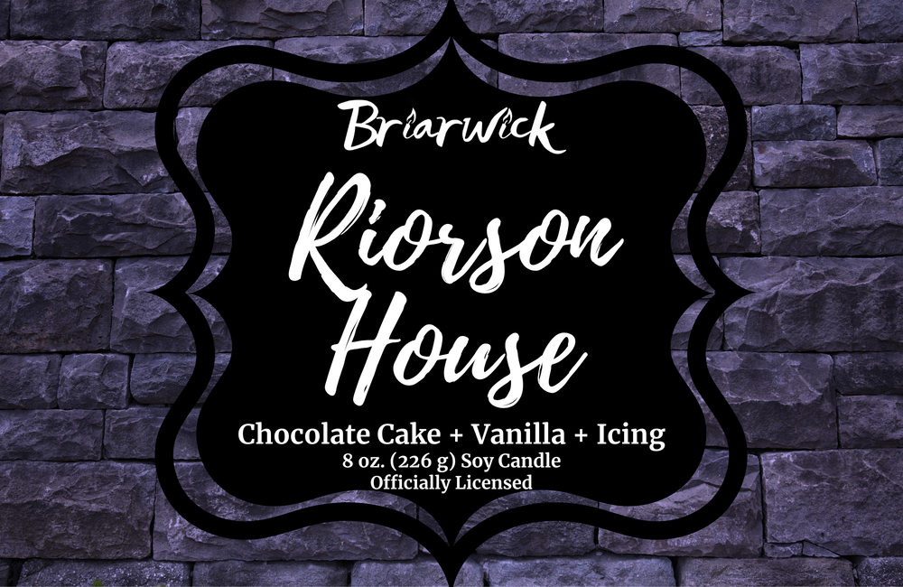 Riorson House label with purple brick design