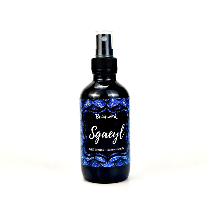 Sgaeyl 4oz Linen Spray with blue dragon scale design on a white background