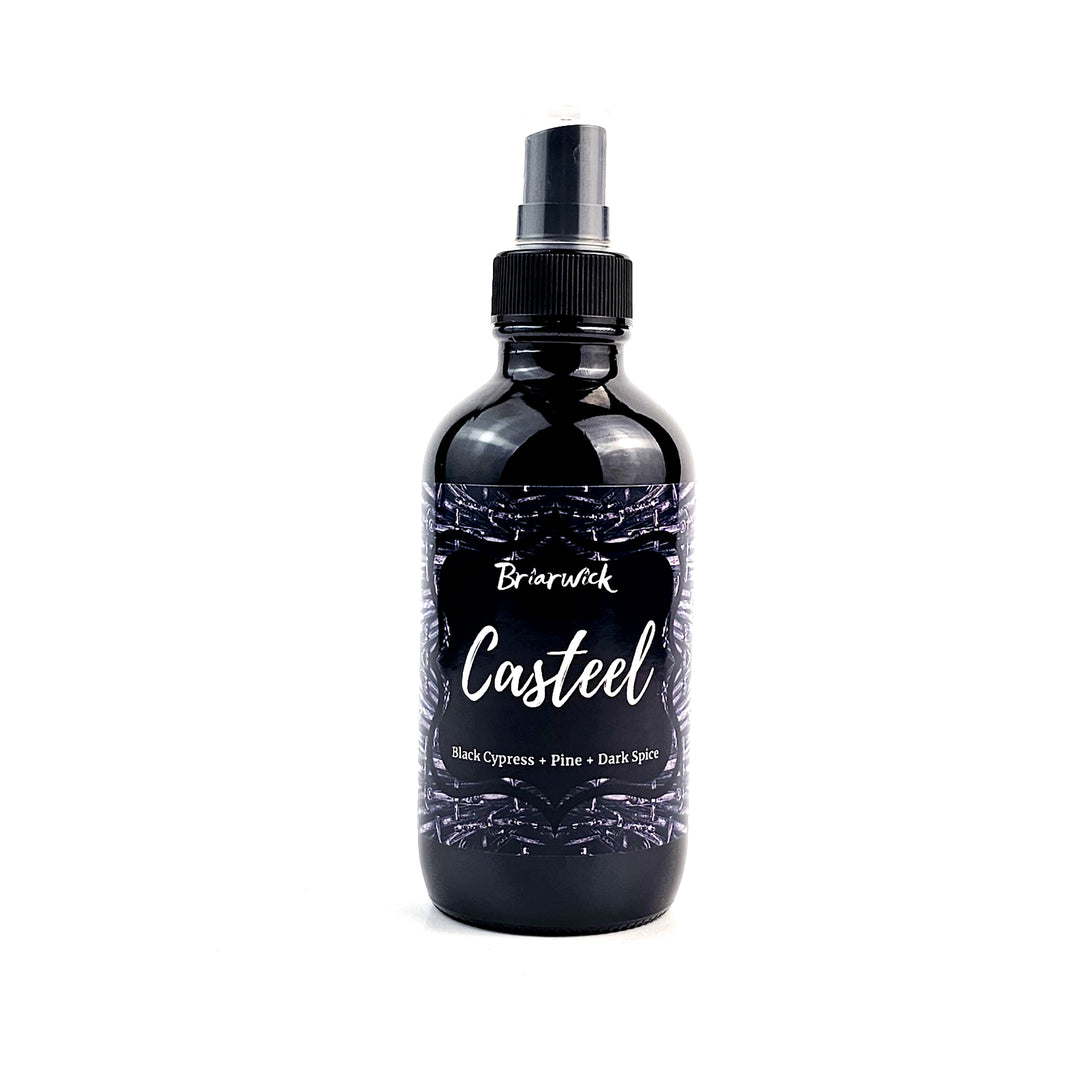 Casteel 4oz Linen Spray with silver knife design on a white background