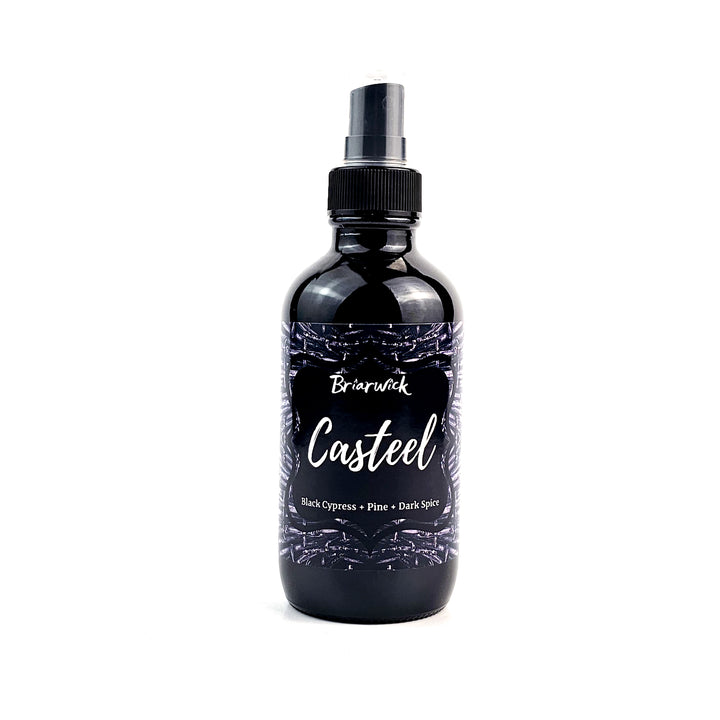Casteel 4oz Linen Spray with silver knife design on a white background