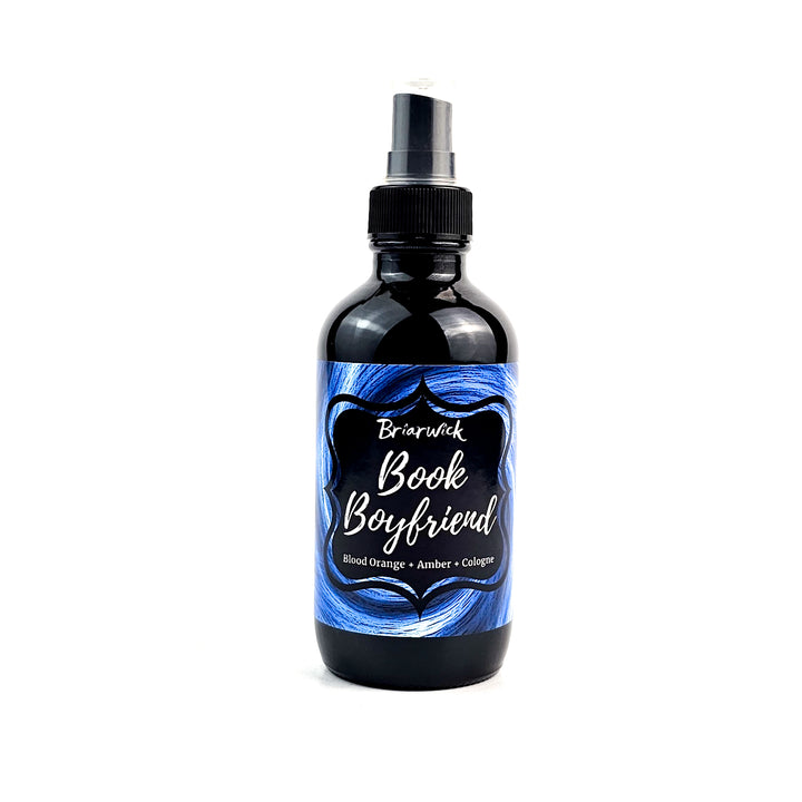 Book Boyfriend 4oz Linen Spray with blue swirl design on a white background