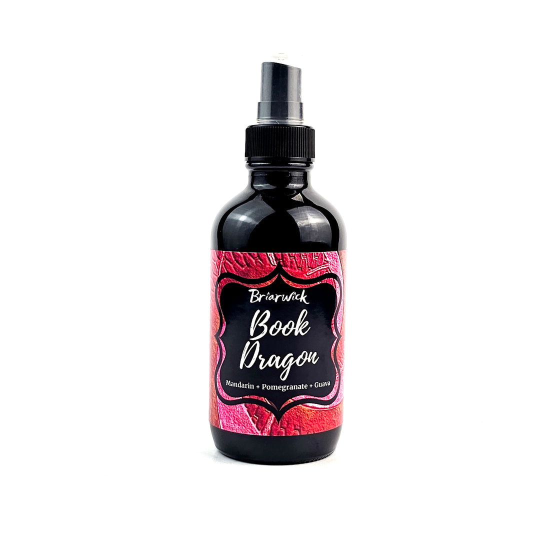Book Dragon 4oz Linen Spray with maroon scale design on a white background