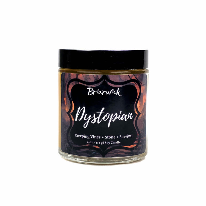 A 4 oz soy candle in a clear glass jar with a black lid on a white background and a dark label reading 'Briarwick Dystopian'. The label features a dark graphic with orange and red tones.