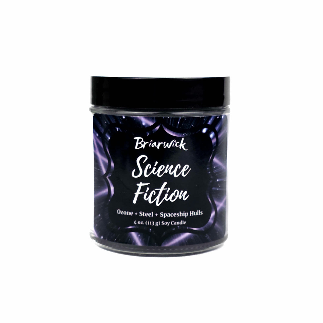 A 4 oz soy candle with a black lid and a dark purple label featuring white text  'Briarwick Science Fiction', set against a plain white background.