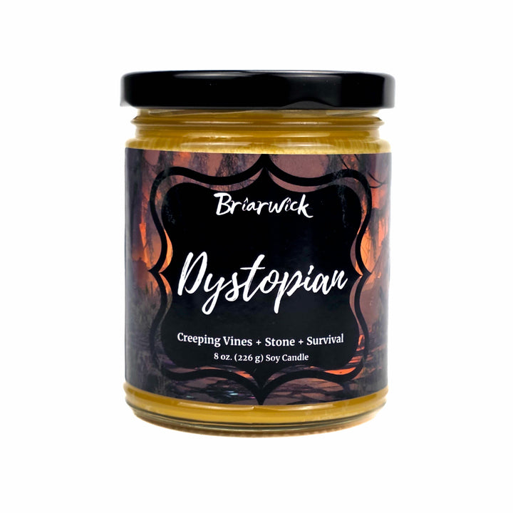 An 8 oz soy candle in a clear glass jar with a black lid on a white background with a label featuring the brand name Briarwick and the scent name Dystopian.