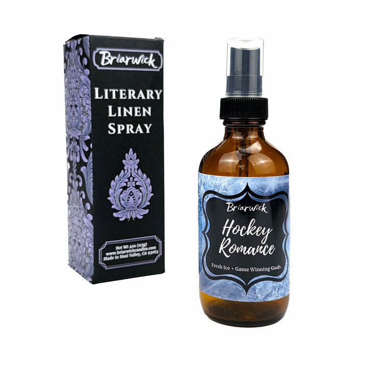 Briarwick Literary Linen Spray bottle and its black packaging box on a white background featuring a blue and white ice-patterned label with the text 'Briarwick Hockey Romance'.