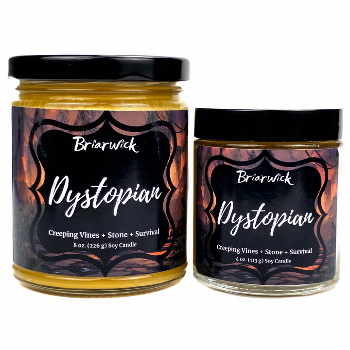 Two jars of Briarwick Dystopian soy candles on a white background, one 8 oz and one 4 oz, both with black lids and black labels featuring an orange and black graphic.