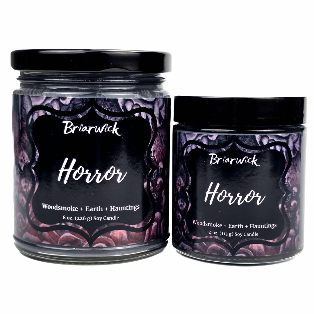 Two jars of Briarwick 'Horror' soy candles on a white background, one 8 oz and one 4 oz, both with black lids and dark purple labels featuring a creepy skull pattern.