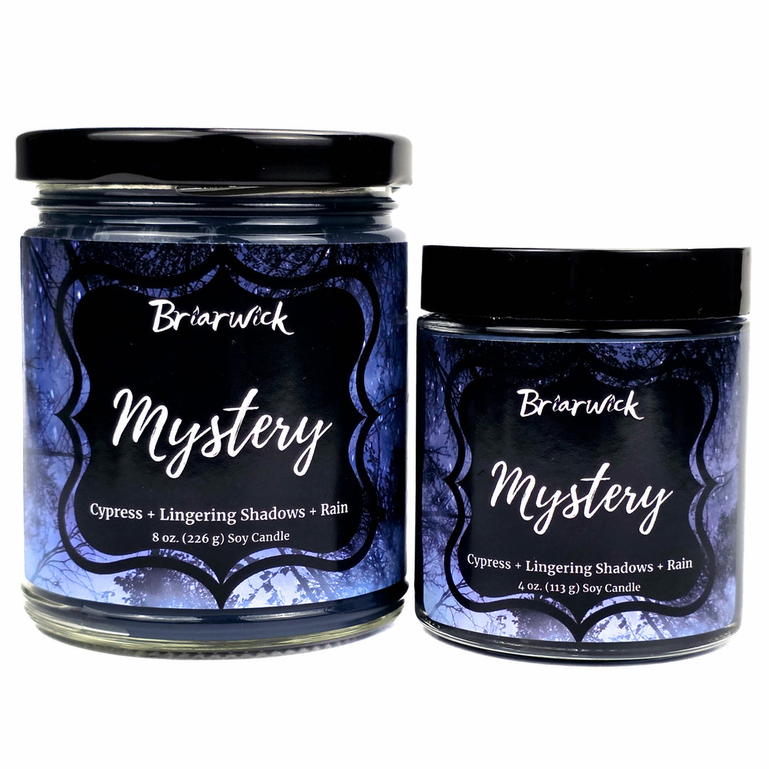 Two Briarwick 'Mystery' soy candles in glass jars with black lids, shown in 8 oz and 4 oz sizes against a white background.