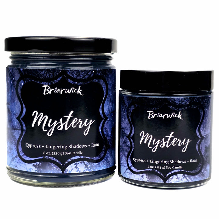 Two Briarwick 'Mystery' soy candles in glass jars with black lids, shown in 8 oz and 4 oz sizes against a white background.