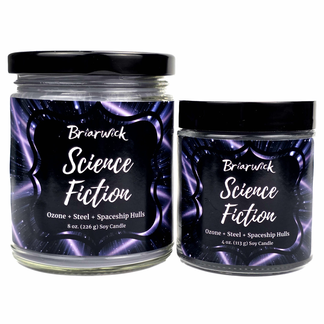 Two jars of Briarwick 'Science Fiction' soy candles on a white background, one 8 oz and one 4 oz, both with black lids and matching purple and black labels.