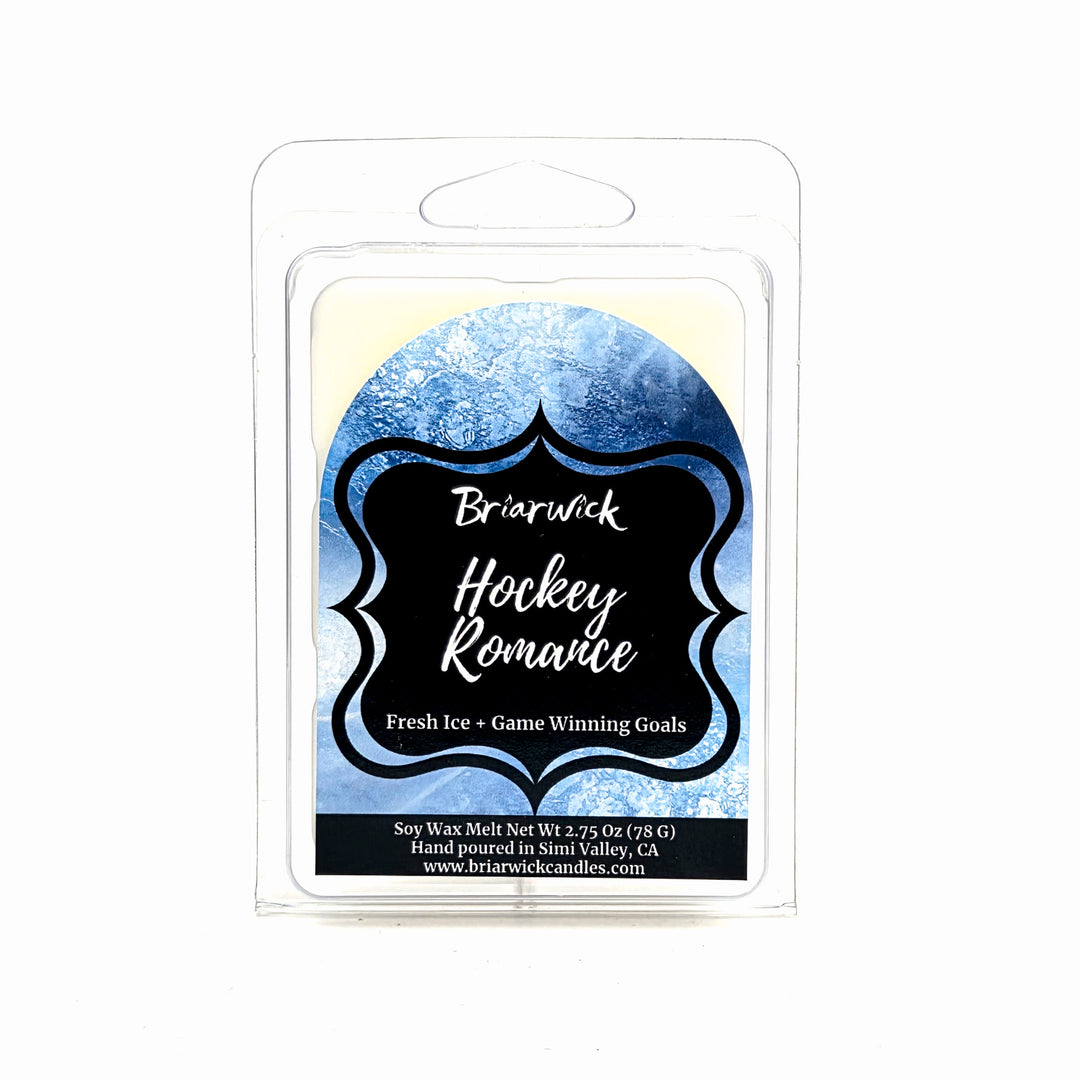 Briarwick Hockey Romance soy wax melt in a clear plastic clamshell package on a white background, featuring a blue and white ice themed label with white text.