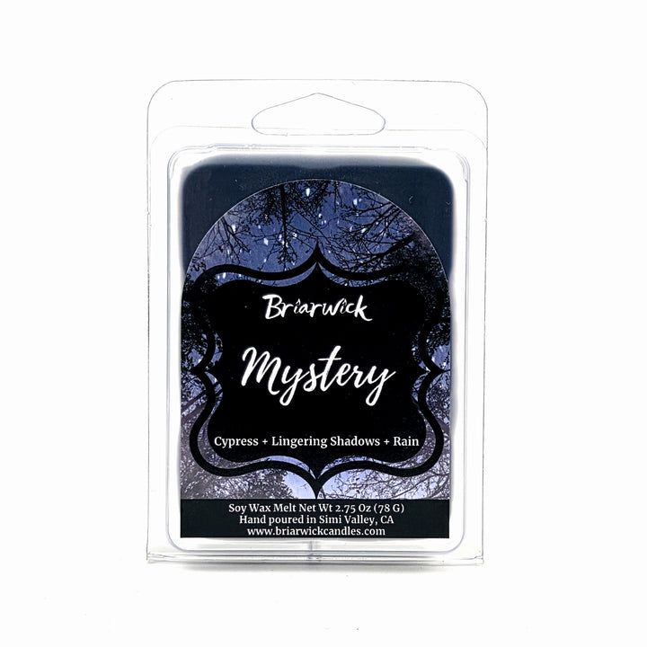 Briarwick Mystery Soy Wax Melts in a clear plastic clamshell package, featuring a dark navy blue label with a starry night sky design and white text.