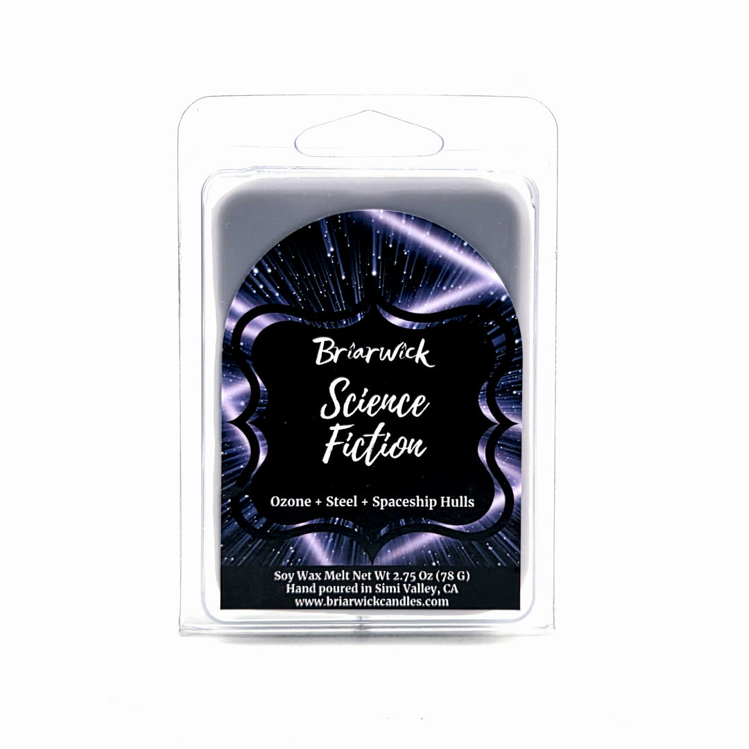 Briarwick Science Fiction soy wax melt in its clear plastic clamshell packaging, featuring a black label with a purple and blue sci-fi space design.