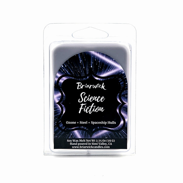 Briarwick Science Fiction soy wax melt in its clear plastic clamshell packaging, featuring a black label with a purple and blue sci-fi space design.
