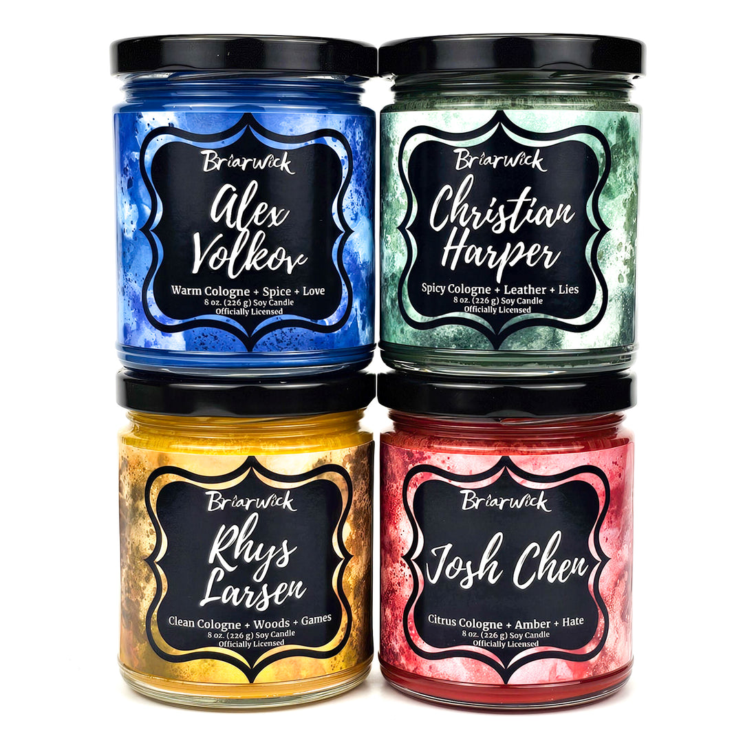 Group of Twisted series candles. The top row is blue Alex Volkov and green Christian Harper. Bottom row is the yellow Rhys Larsen and red Josh Chen candles