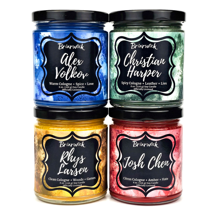 Group of Twisted series candles. The top row is blue Alex Volkov and green Christian Harper. Bottom row is the yellow Rhys Larsen and red Josh Chen candles