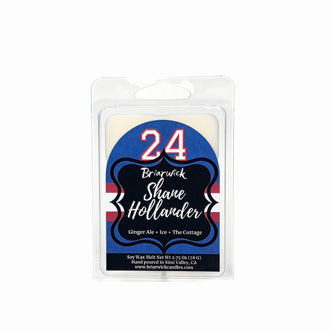 Shave Hollander wax melt packaging with blue and white design on a white background
