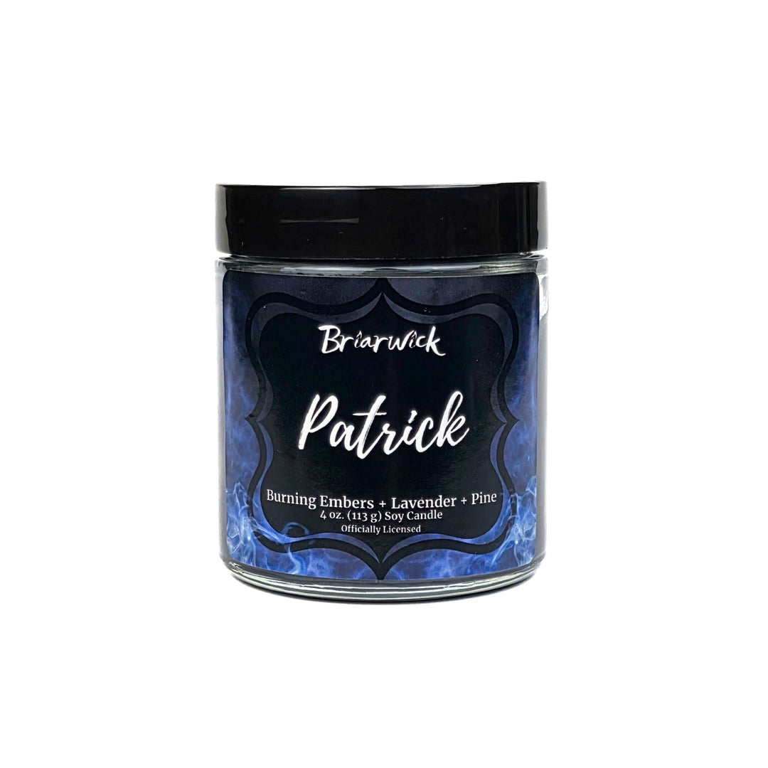 Jar of candle labeled 'Patrick' by Brierwick on a white background