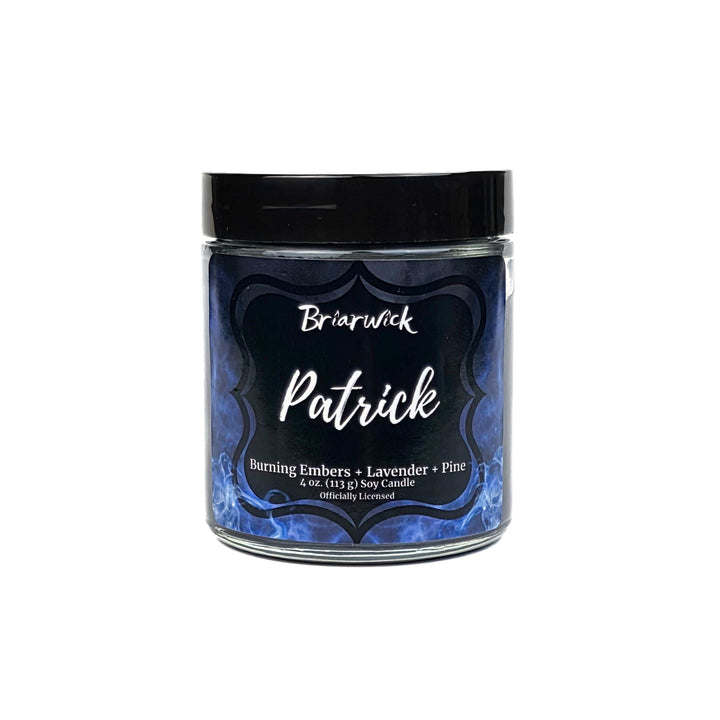 Jar of candle labeled 'Patrick' by Brierwick on a white background