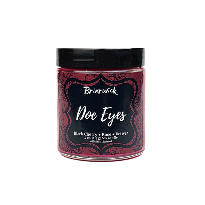 Jar of candle labeled 'Doe Eyes' by Briarwick on a white background