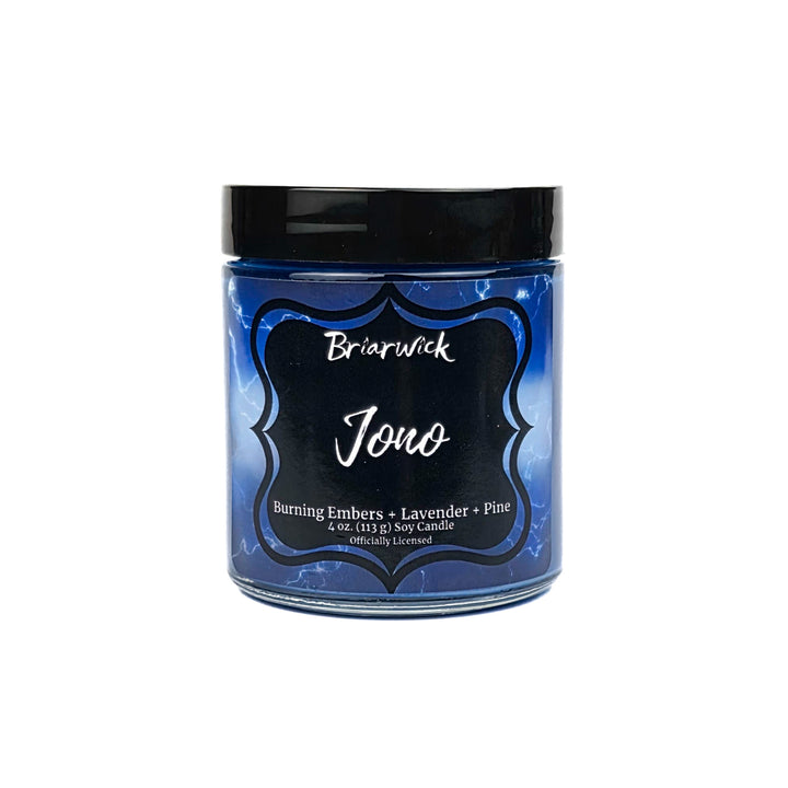 Candle jar labeled 'Briarwick Jono' with a blue label on a white background