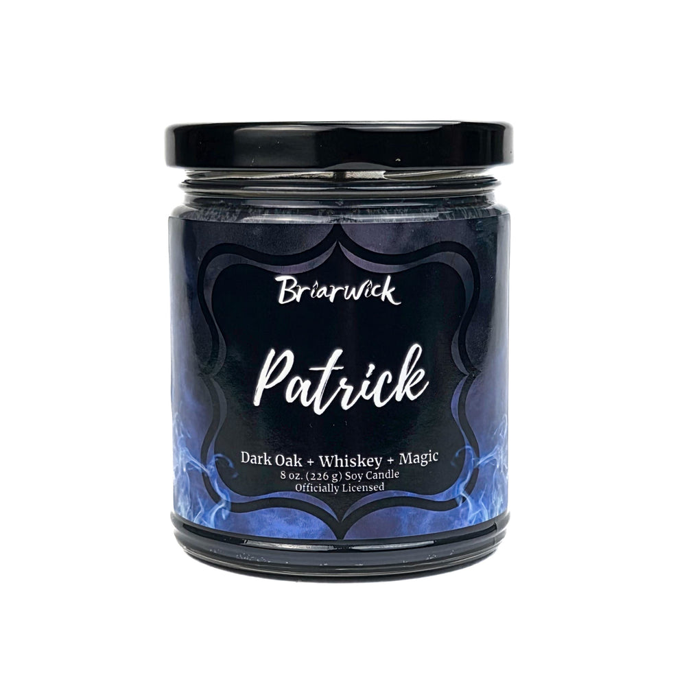 Candle jar labeled 'Patrick' by Briarwick on a white background