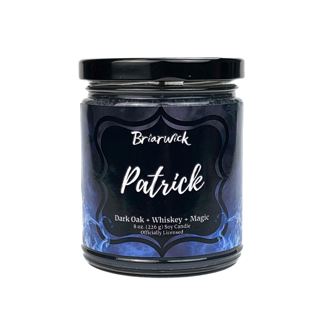 Candle jar labeled 'Patrick' by Briarwick on a white background