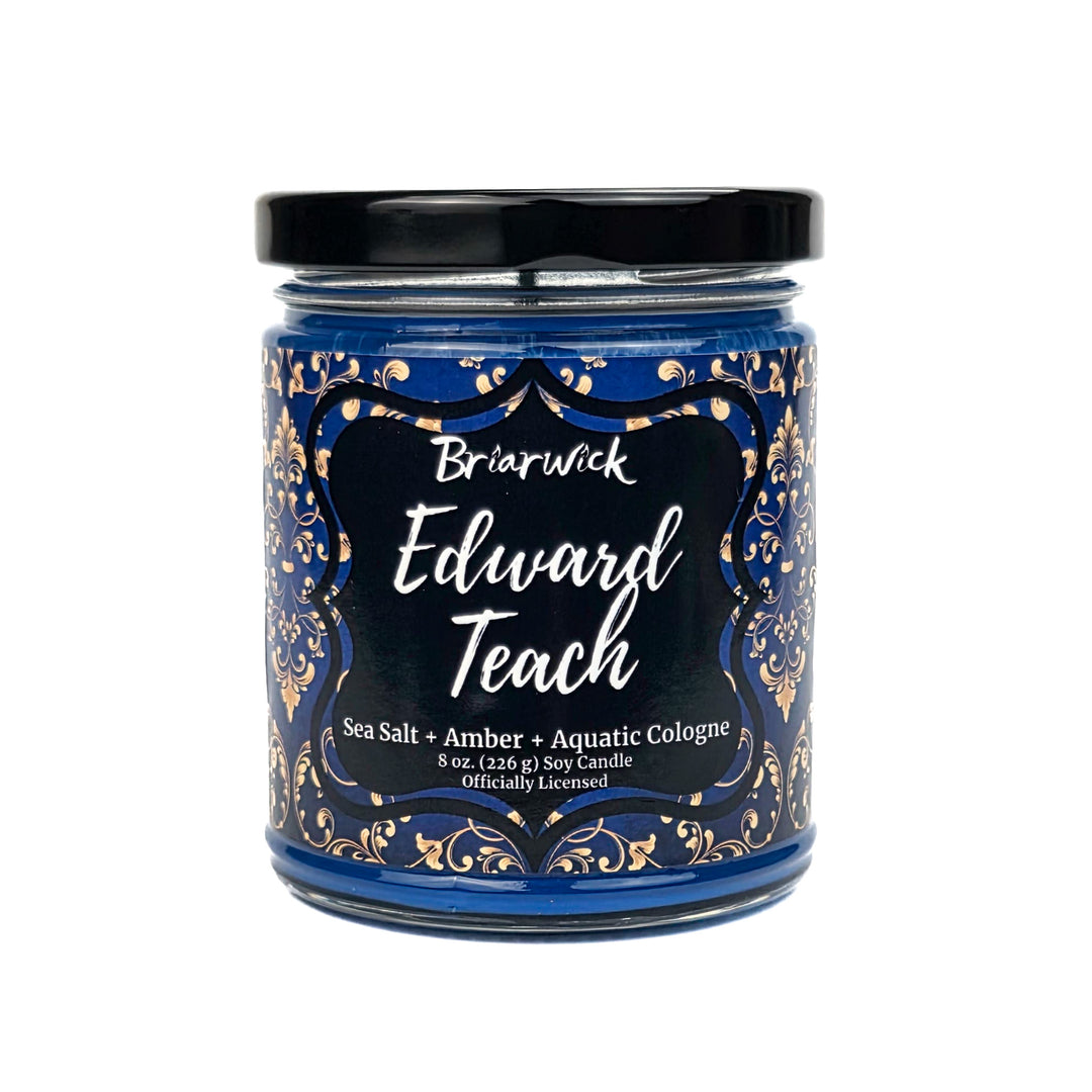 Jar of Briarwick Edward Teach candle with decorative label on a white background