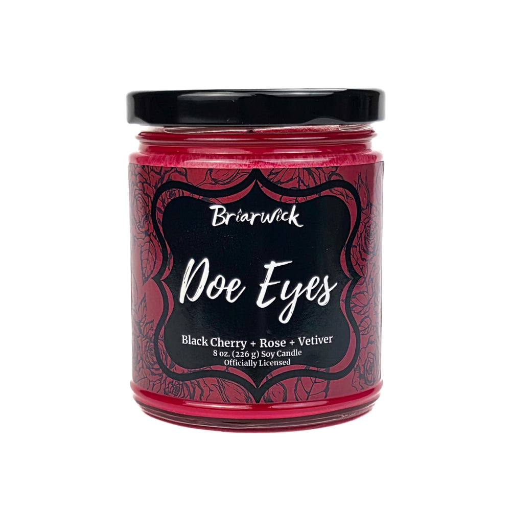 Candle jar labeled 'Doe Eyes' by Briarwick on a white background