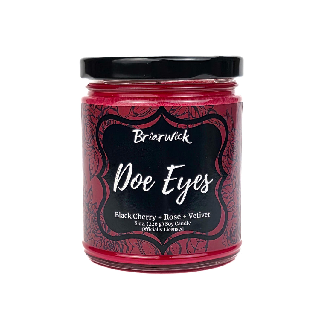 Candle jar labeled 'Doe Eyes' by Briarwick on a white background