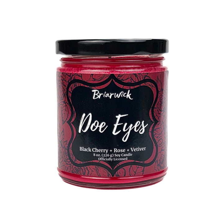Candle jar labeled 'Doe Eyes' by Briarwick on a white background