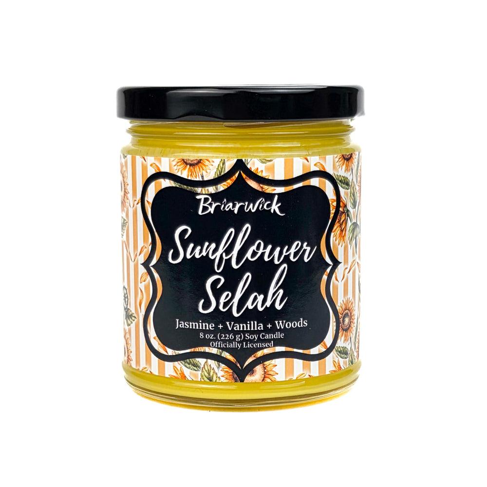 Jar of Briarwick Sunflower Selah candle with sunflower design on a white background