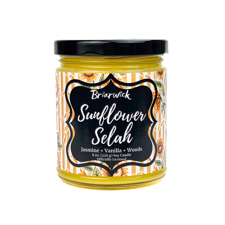 Jar of Briarwick Sunflower Selah candle with sunflower design on a white background