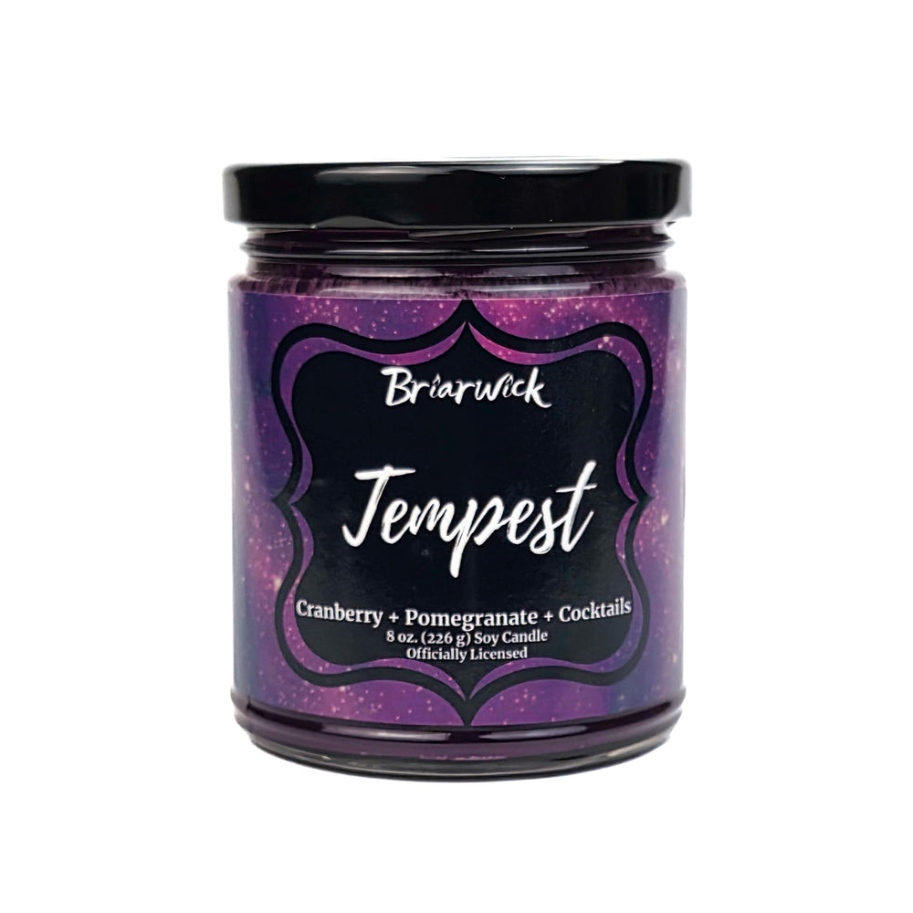 Candle jar with purple label featuring the brand 'Briarwick' and product name 'Tempest'.