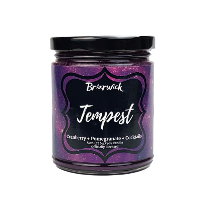 Candle jar with purple label featuring the brand 'Briarwick' and product name 'Tempest'.
