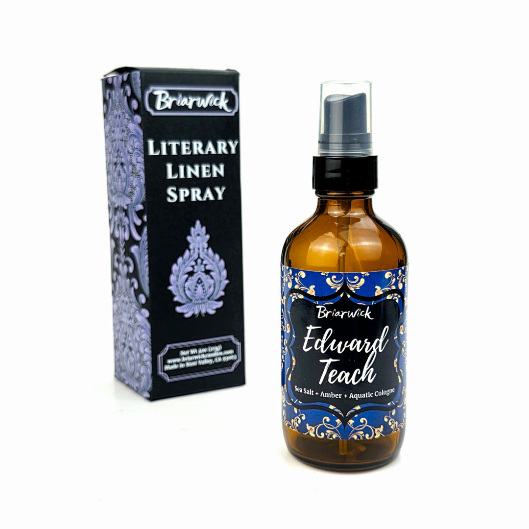 Bottle and packaging of Briarwick Literary Linen Spray with 'Edward Teach' label on a white background